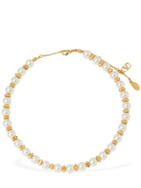 Valentino Garavani: Faux pearl & rockstuds collar necklace - White/Gold - men_0 | Luisa Via Roma