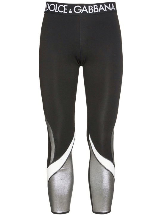 Dolce&Gabbana: Leggings in misto viscosa con logo - Nero/Argento - men_0 | Luisa Via Roma