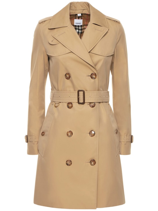 Burberry: Trench-coat court en coton Islington - Miel - women_0 | Luisa Via Roma