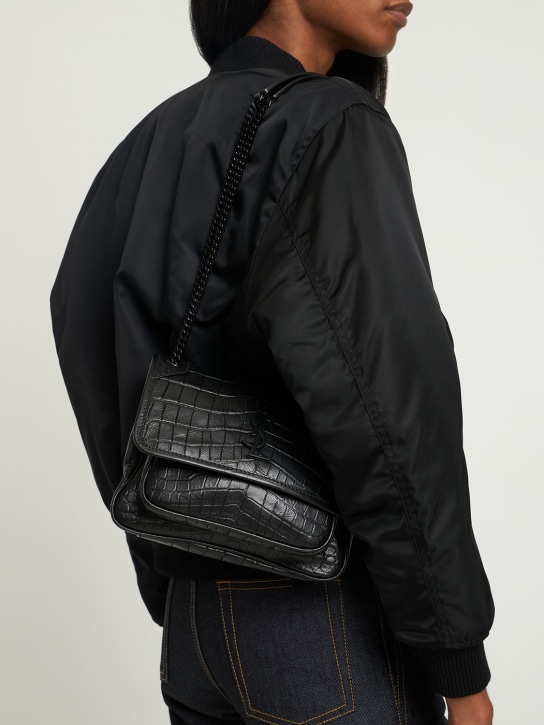 Saint Laurent: Baby Niki croc embossed leather bag - Black - women_1 | Luisa Via Roma