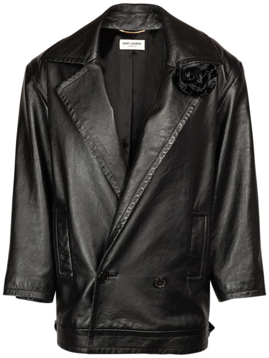 Saint Laurent: Double breasted leather coat - Black - women_0 | Luisa Via Roma