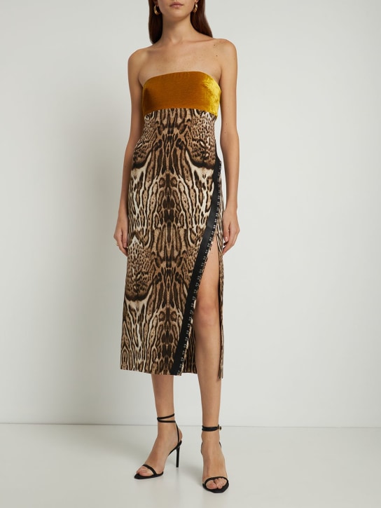 Roberto Cavalli: Vestito midi in cady e velluto stampato - Multicolore - women_1 | Luisa Via Roma