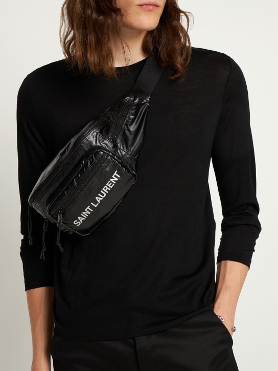 Saint Laurent: Logo nylon ripstop belt bag - Black/Silver - men_1 | Luisa Via Roma