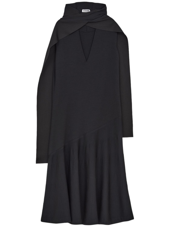 Jil Sander: Robe midi en maille de laine mélangée fine - Noir - women_0 | Luisa Via Roma