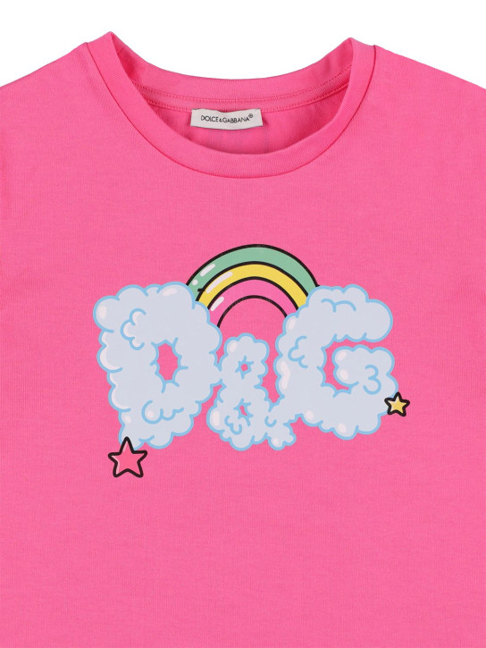 Dolce&Gabbana: Logo印花棉质平纹针织T恤 - 粉色 - kids-girls_1 | Luisa Via Roma