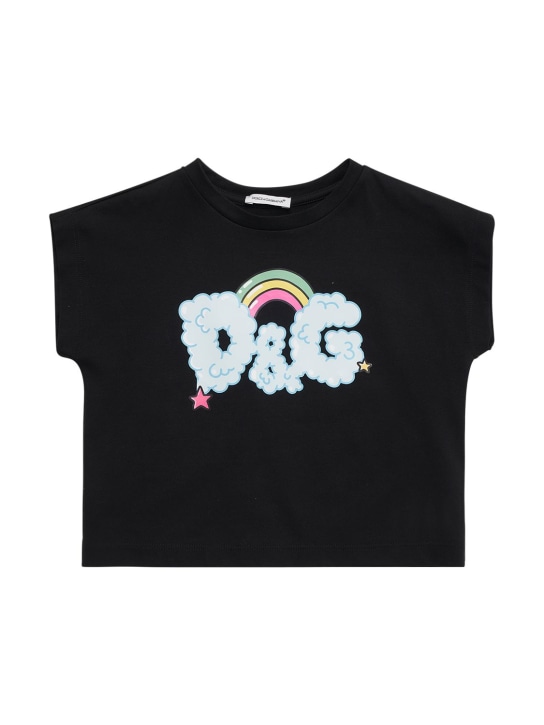 Dolce&Gabbana: Camiseta cropped de jersey de algodón con logo - Negro - kids-girls_0 | Luisa Via Roma