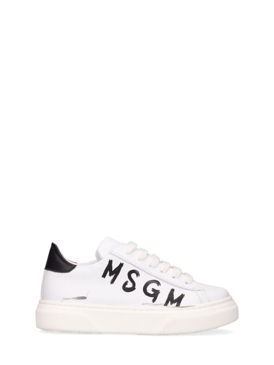 MSGM: Logo print leather lace-up sneakers - White - kids-boys_0 | Luisa Via Roma