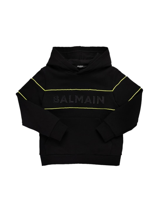 Balmain: Sudadera de algodón con logo y capucha - Negro - kids-girls_0 | Luisa Via Roma