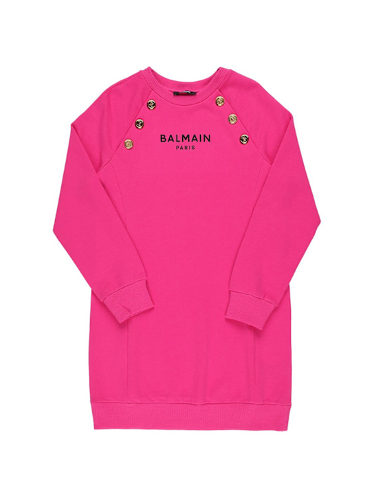 Balmain: Logo印花棉质卫衣裙 - 桃红色 - kids-girls_0 | Luisa Via Roma