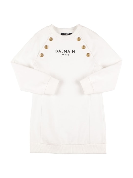 Balmain: Logo印花棉质卫衣裙 - 白色 - kids-girls_0 | Luisa Via Roma