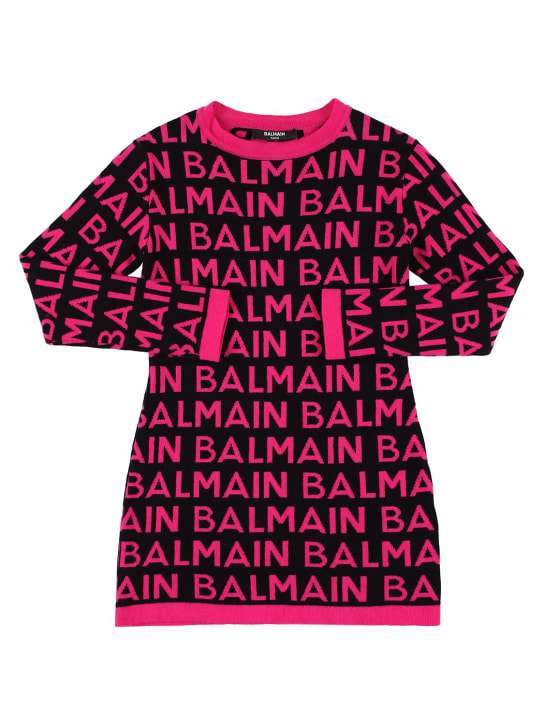 Balmain: Intarsia 로고 코튼 니트 드레스 - 블랙/자홍색 - kids-girls_0 | Luisa Via Roma