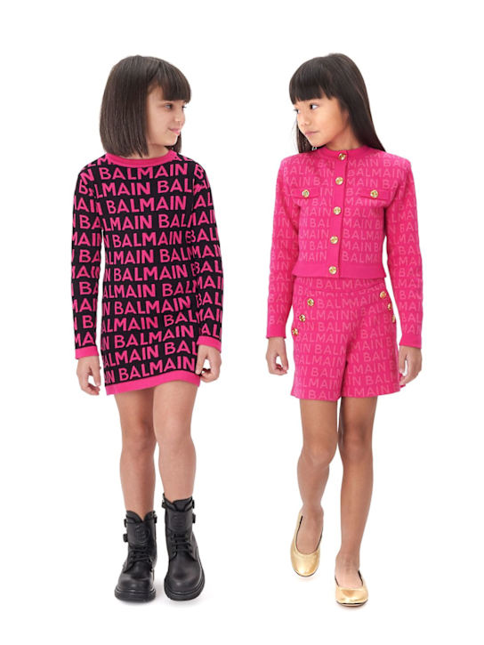 Balmain: Intarsia 로고 코튼 니트 드레스 - 블랙/자홍색 - kids-girls_1 | Luisa Via Roma