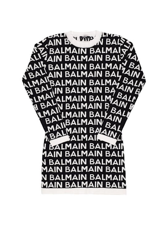 Balmain: Robe en maille de coton intarsia à logo - Noir/Blanc - kids-girls_0 | Luisa Via Roma