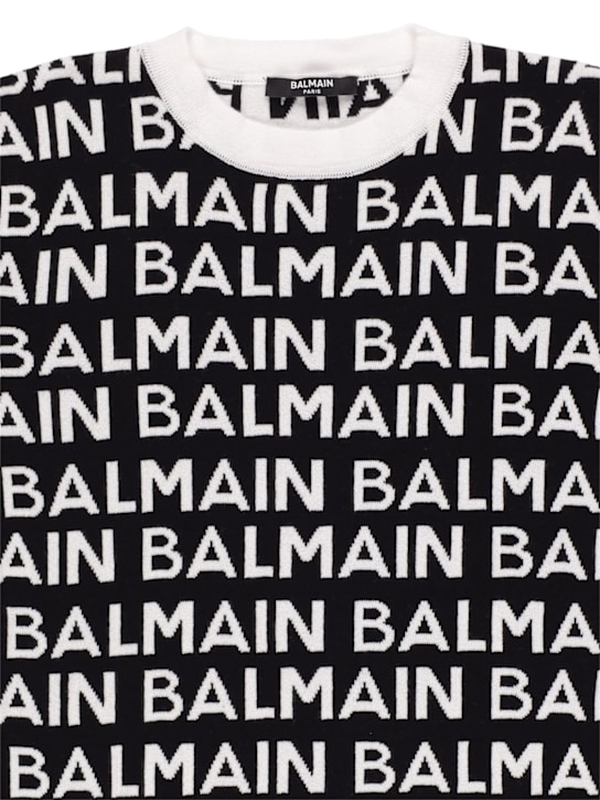 Balmain: Robe en maille de coton intarsia à logo - Noir/Blanc - kids-girls_1 | Luisa Via Roma