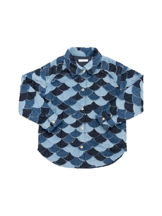 Chloé: Camicia in denim di cotone patchwork - Denim - kids-girls_0 | Luisa Via Roma