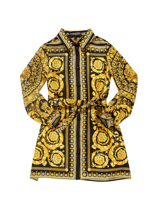 Versace: Baroque print silk dress - Yellow/Black - kids-girls_0 | Luisa Via Roma