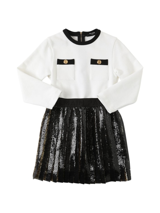 Balmain: Cotton & sequins dress - White/Black - kids-girls_0 | Luisa Via Roma
