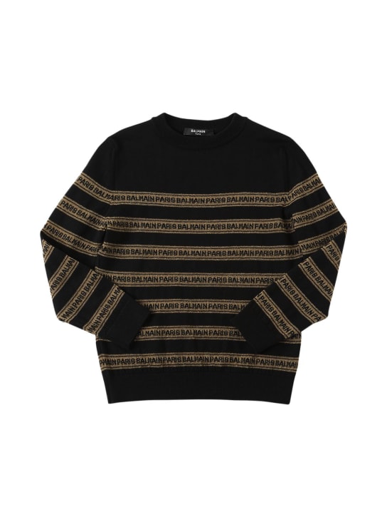 Balmain: Maglia in cotone e cashmere con logo - Nero/Oro - kids-girls_0 | Luisa Via Roma