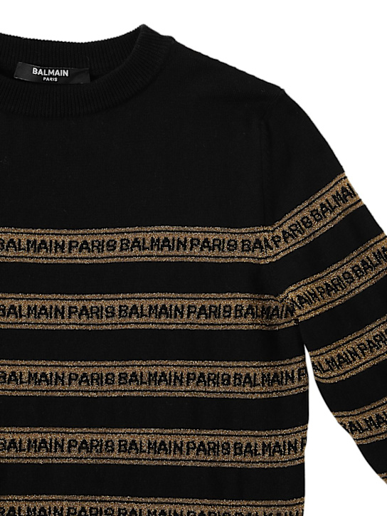 Balmain: Maglia in cotone e cashmere con logo - Nero/Oro - kids-girls_1 | Luisa Via Roma
