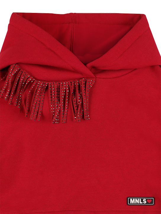 Monnalisa: Felpa cropped in cotone con frangia e cappuccio - Rosso - kids-girls_1 | Luisa Via Roma