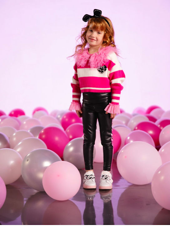 Monnalisa: 条纹羊毛混纺短款针织毛衣 - 白色/桃红色 - kids-girls_1 | Luisa Via Roma