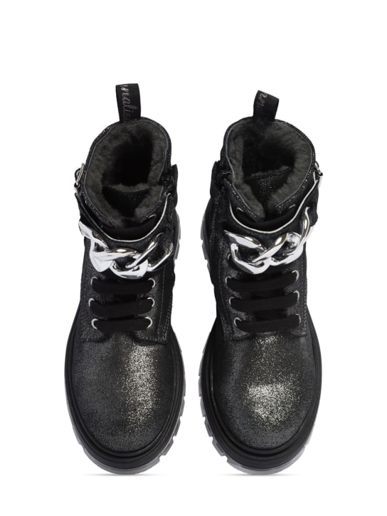 Monnalisa: Schnürstiefel aus glitzerndem Wildleder mit Kette - Schwarz - kids-girls_1 | Luisa Via Roma