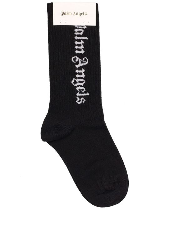 Palm Angels: Logo jacquard cotton blend knit socks - Black - kids-boys_0 | Luisa Via Roma