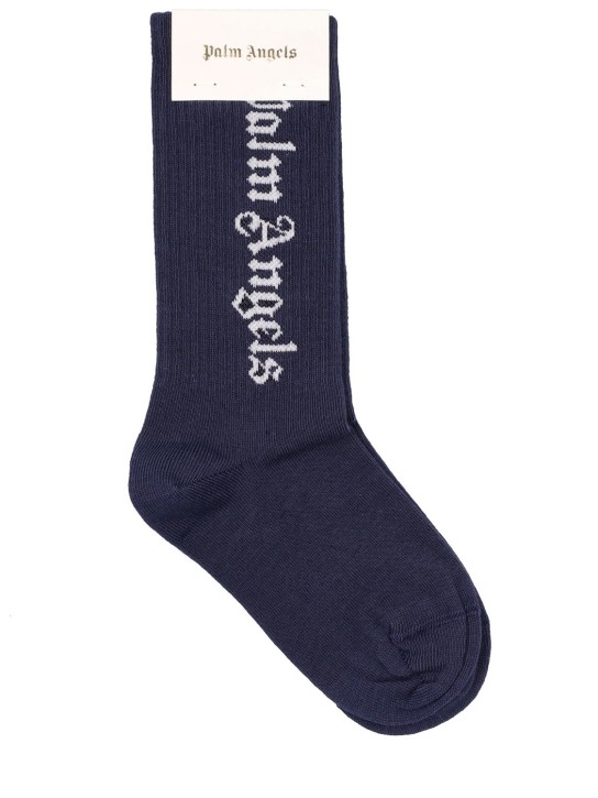 Palm Angels: Logo jacquard cotton blend knit socks - Navy - kids-girls_0 | Luisa Via Roma