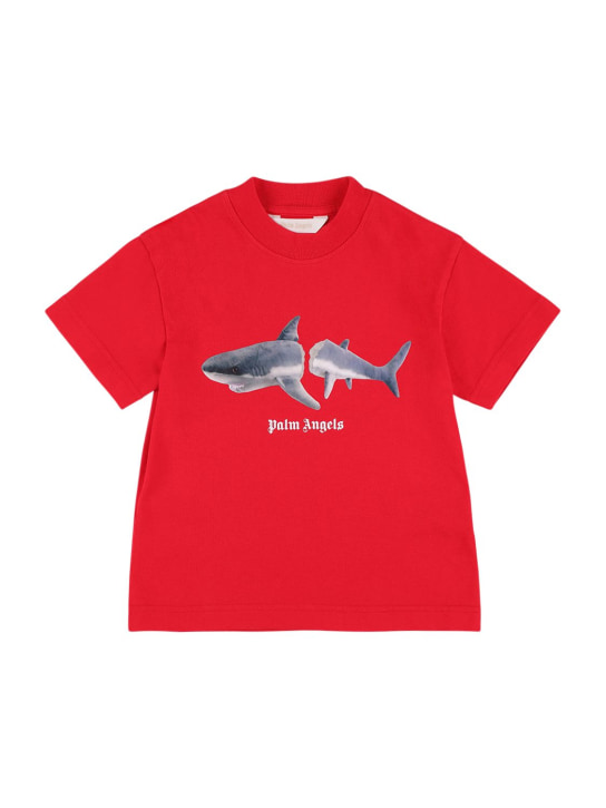 Palm Angels: T-shirt en jersey de coton imprimé requin - Rouge - kids-boys_0 | Luisa Via Roma