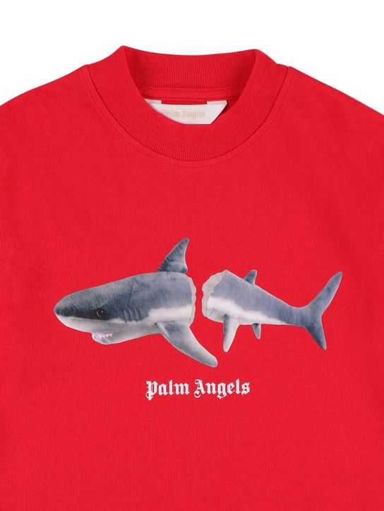 Palm Angels: T-shirt en jersey de coton imprimé requin - Rouge - kids-boys_1 | Luisa Via Roma