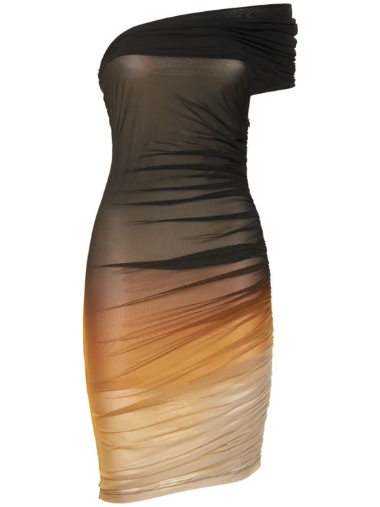 MUGLER: Vestito midi in mesh arricciato - Beige/Nero - women_0 | Luisa Via Roma