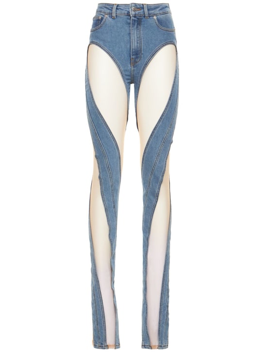 MUGLER: Contrast tulle & denim fitted jeans - women_0 | Luisa Via Roma