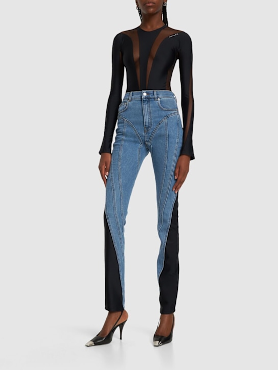 MUGLER: Contrast denim & jersey skinny jeans - Med Blue/Black - women_1 | Luisa Via Roma