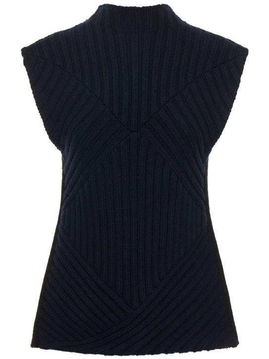 Gauchere: Rib knit wool open back top - Navy/Black - women_0 | Luisa Via Roma