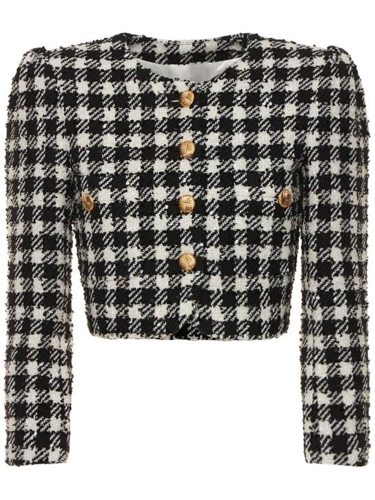 Alessandra Rich: Gingham wool blend tweed cropped jacket - women_0 | Luisa Via Roma