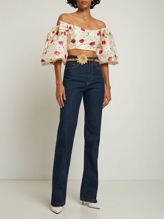Alessandra Rich: Crop top en taffetas de soie imprimé fraises - Multicolore - women_1 | Luisa Via Roma
