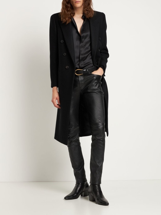 Saint Laurent: Croise long coat - Shiny Black - men_1 | Luisa Via Roma