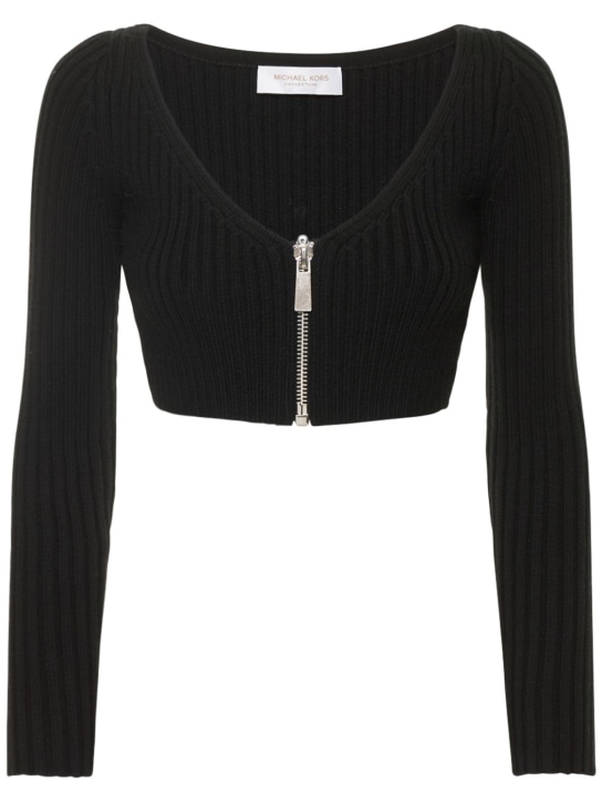 Michael Kors Collection: Crop top in maglia di lana a costine con zip - Nero - women_0 | Luisa Via Roma