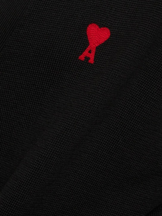AMI Paris: Cardigan en maille de laine fine à logo - Noir - men_1 | Luisa Via Roma