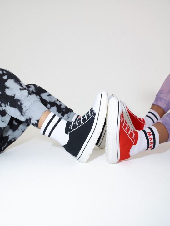 Marni Junior: Logo print high top knit sock sneakers - White/Black - kids-boys_1 | Luisa Via Roma