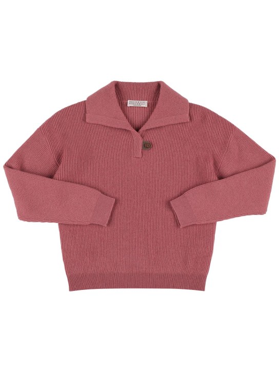 Brunello Cucinelli: Geripptes Polohemd aus Kaschmirstrick - Dunkelrosa - kids-girls_0 | Luisa Via Roma