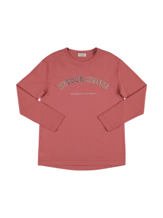 Brunello Cucinelli: Logo刺绣棉质平纹针织T恤 - 深粉色 - kids-girls_0 | Luisa Via Roma
