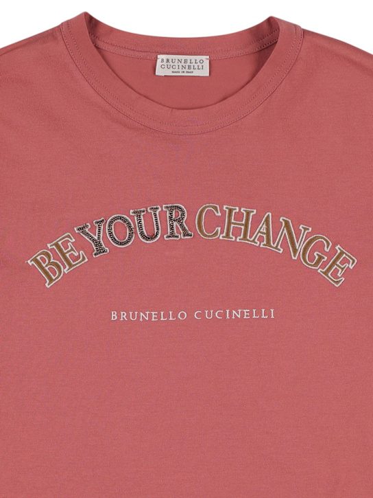 Brunello Cucinelli: Logo刺绣棉质平纹针织T恤 - 深粉色 - kids-girls_1 | Luisa Via Roma