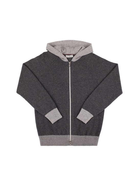 Brunello Cucinelli: カラーブロックカシミアニットカーディガン - ダークグレー - kids-boys_0 | Luisa Via Roma
