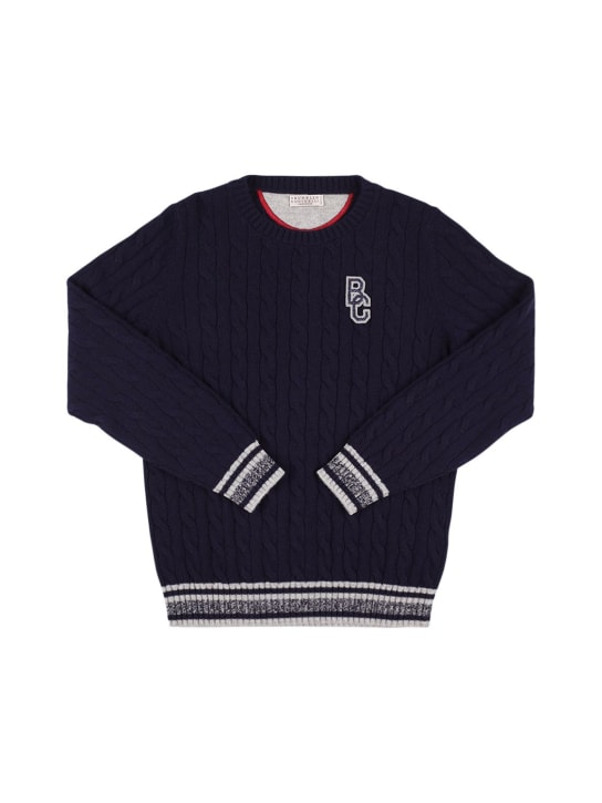 Brunello Cucinelli: Cashmere cable knit sweater w/logo patch - Navy - kids-boys_0 | Luisa Via Roma
