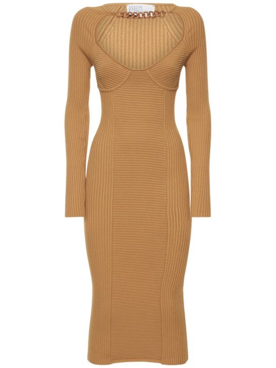 Giuseppe Di Morabito: 链条细节罗纹粘胶纤维迷笛连衣裙 - 米黄色 - women_0 | Luisa Via Roma