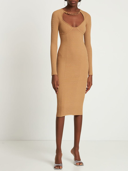 Giuseppe Di Morabito: 链条细节罗纹粘胶纤维迷笛连衣裙 - 米黄色 - women_1 | Luisa Via Roma