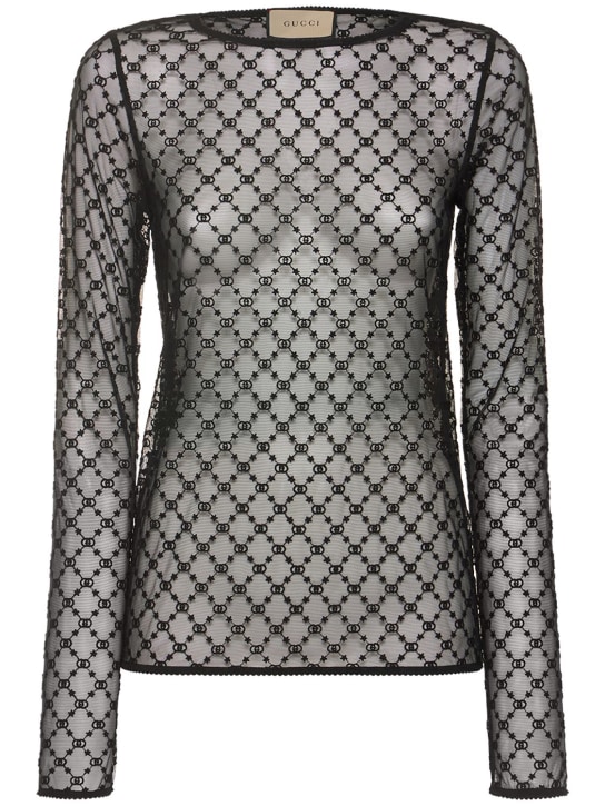 Gucci: Embroidered tulle top - Black - women_0 | Luisa Via Roma