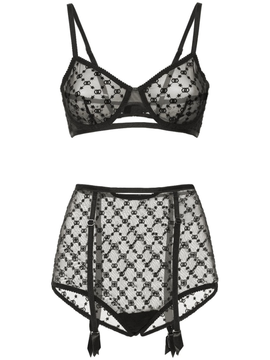 Gucci: Embroidered tulle underwear set - Siyah - women_0 | Luisa Via Roma