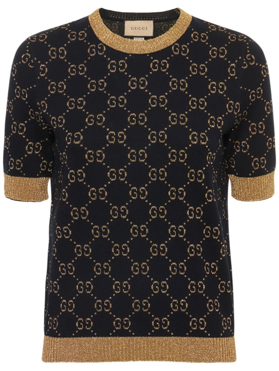 Gucci: GG Supreme cotton & lurex knit sweater - Mavi/Altın - women_0 | Luisa Via Roma